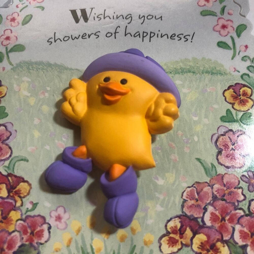 Hallmark Lapel Pin Easter Yellow Duck Purple Rain Hat Boots Brooch New Vintage